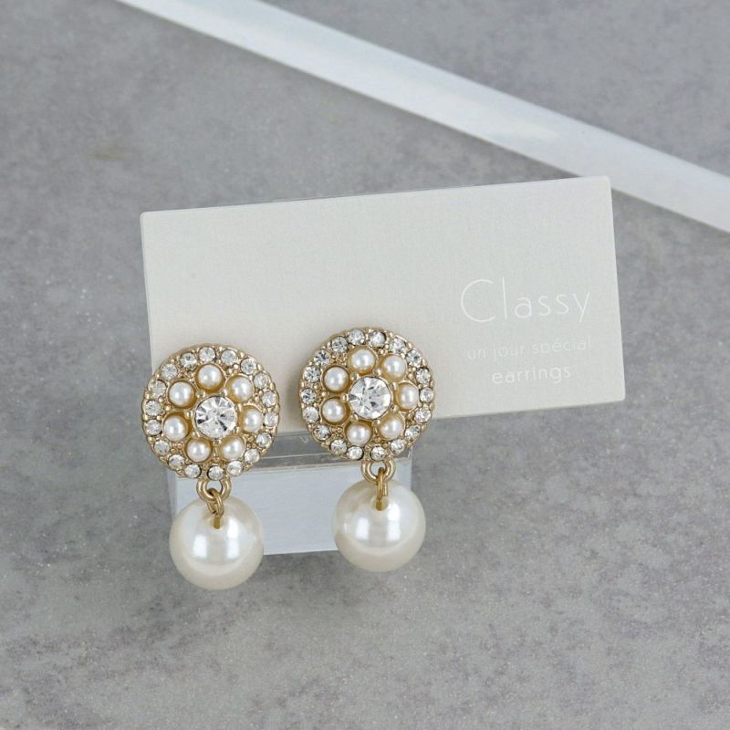 Pave Disc Pearl Drop Clip On Earrings - osewaya