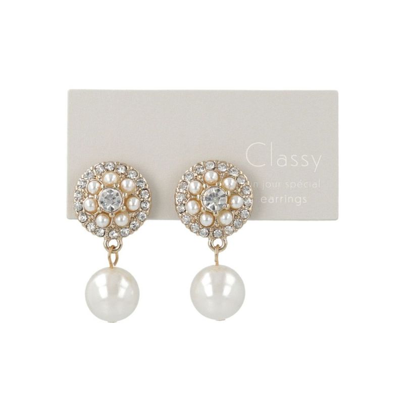 Pave Disc  Drop Pearl Clip On Earrings
