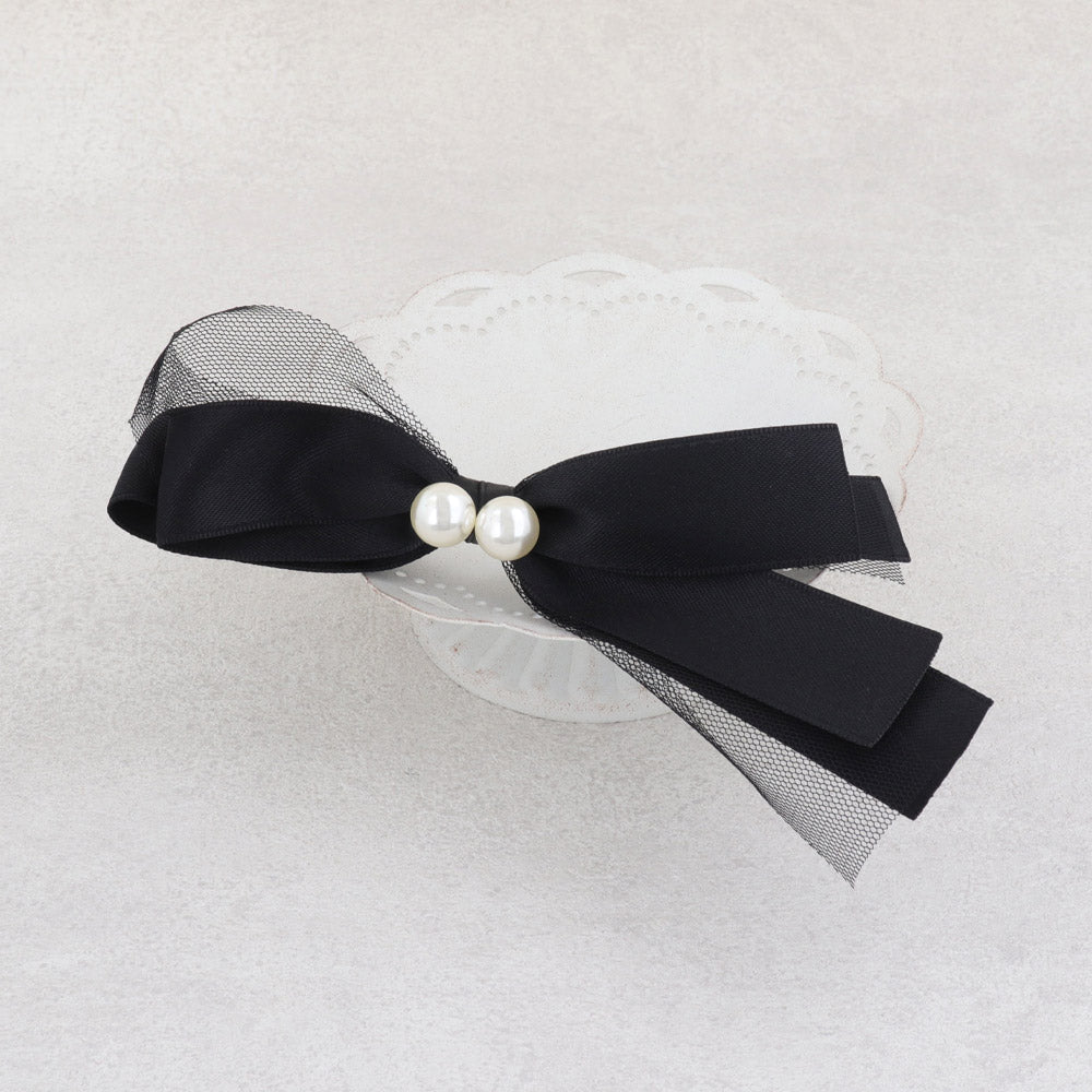 Pearl Detail Black Bow Barrette - osewaya
