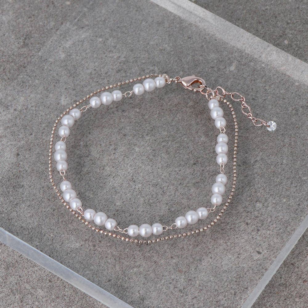 Rose Silver Pearl and Chain Layered Bracelet