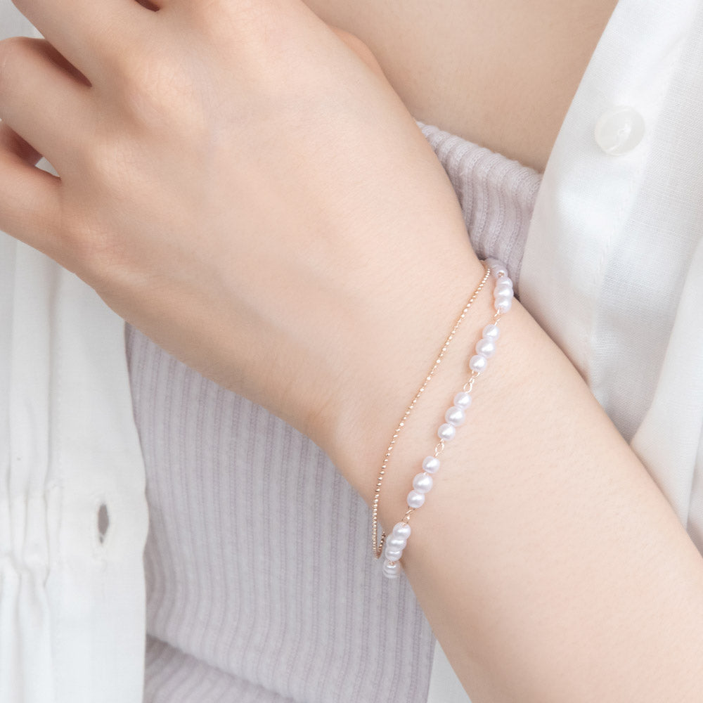 Rose Silver Pearl and Chain Layered Bracelet