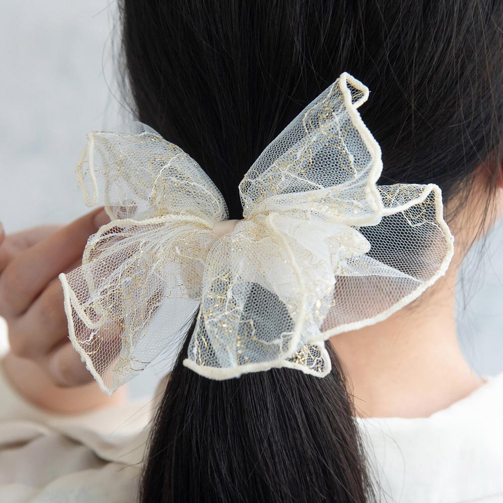 Embroidered Tulle Bow Hair Scrunchie