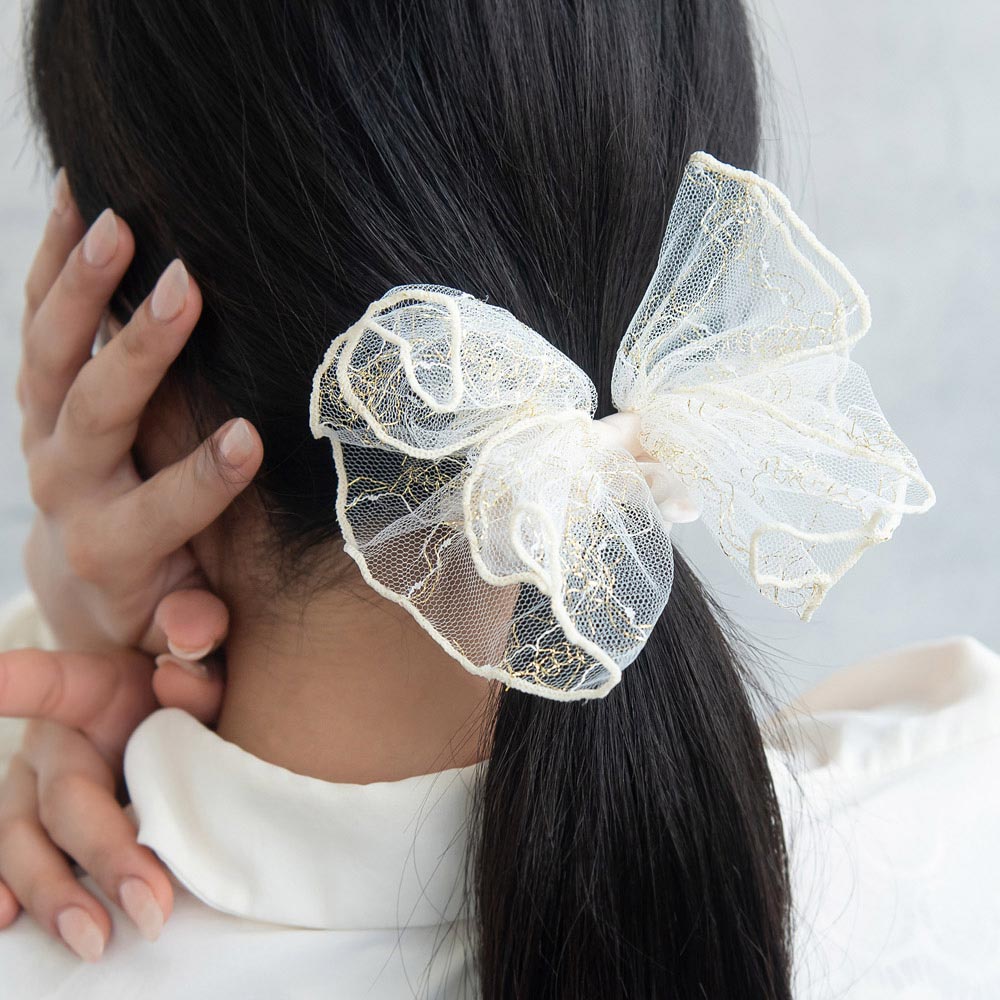 Embroidered Tulle Bow Hair Scrunchie