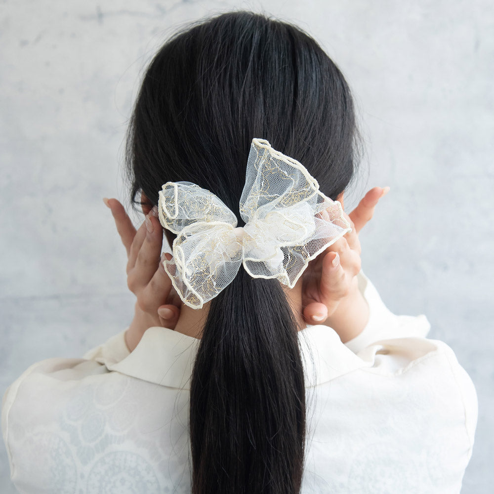 Embroidered Tulle Bow Hair Scrunchie