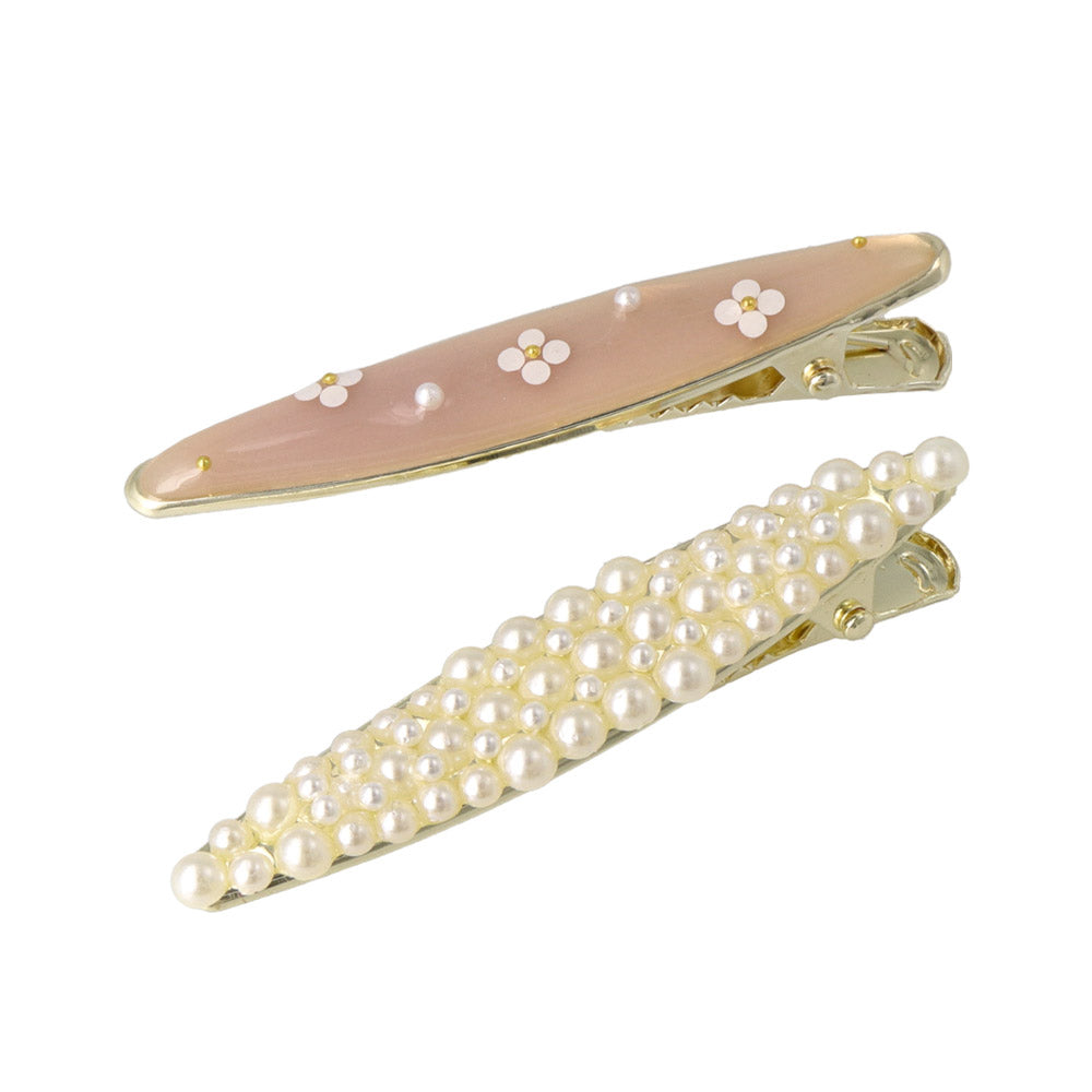 Pearl and Flower Oval Pinch Clip Set