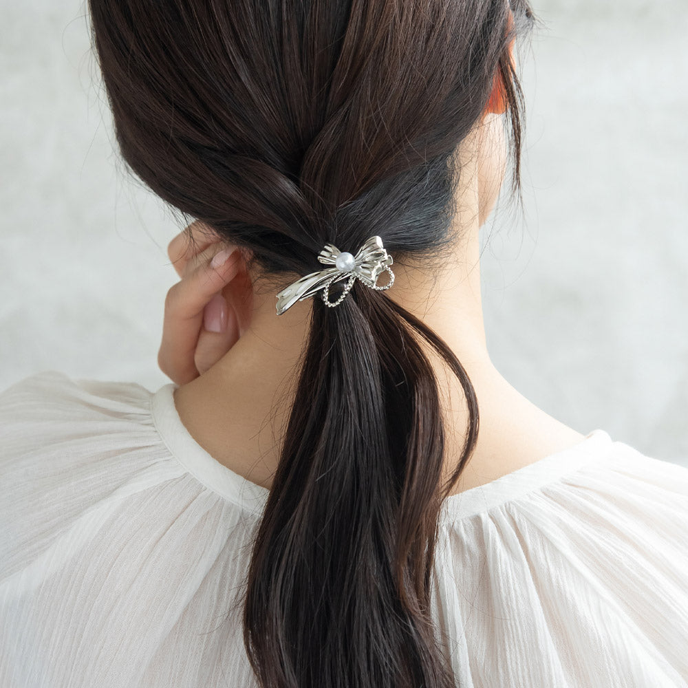 Ribbon Bow Faux Pearl Pinch Clip