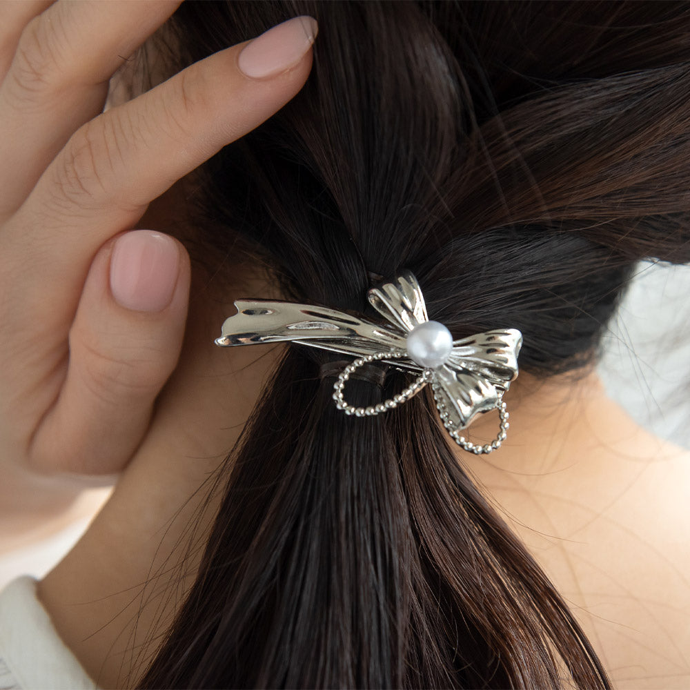 Ribbon Bow Faux Pearl Pinch Clip