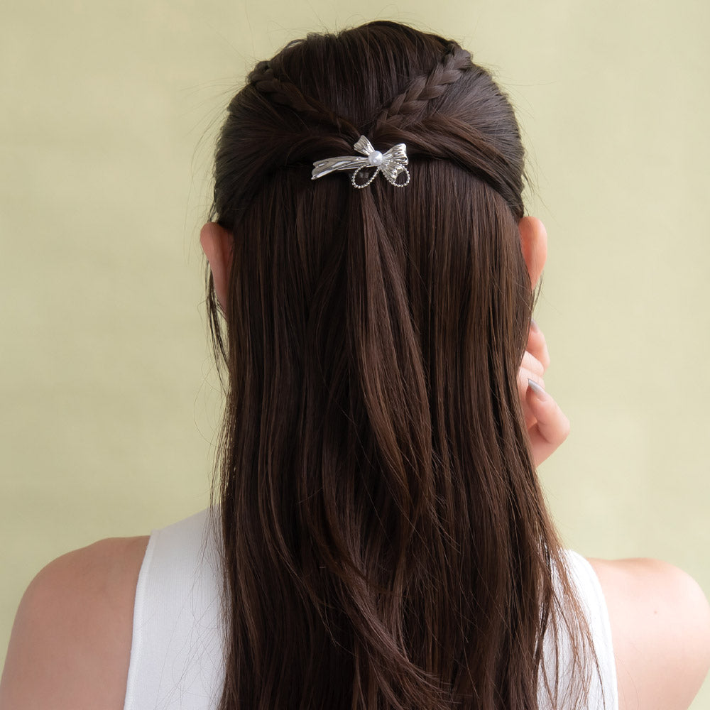 Ribbon Bow Faux Pearl Pinch Clip