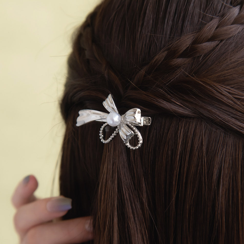 Ribbon Bow Faux Pearl Pinch Clip