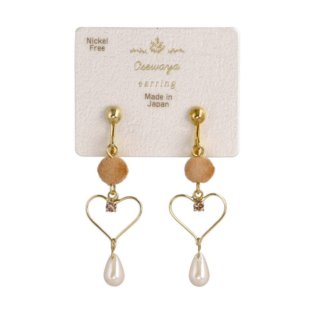 Pompom Heart Pearl Drop Clip Ons