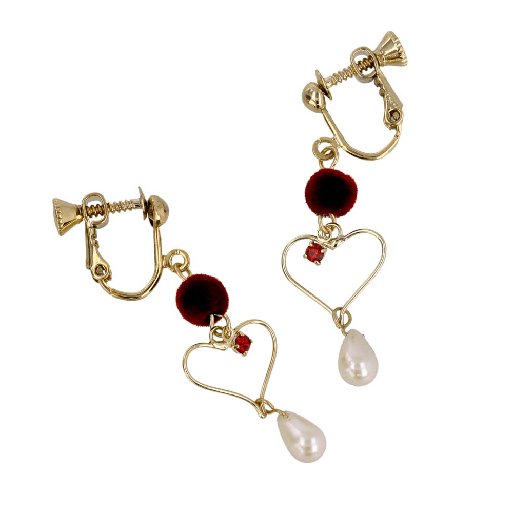 Pompom Heart Pearl Drop Clip Ons