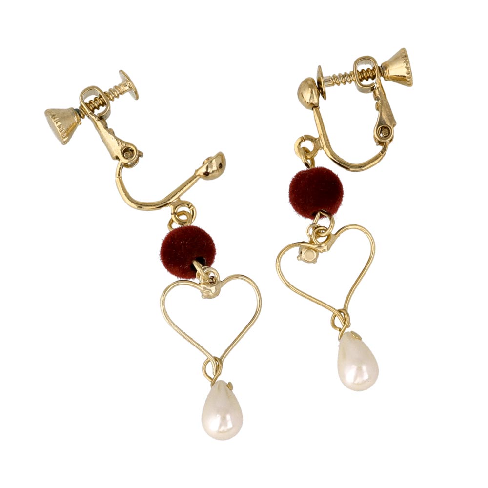 Pompom Heart Pearl Drop Clip Ons