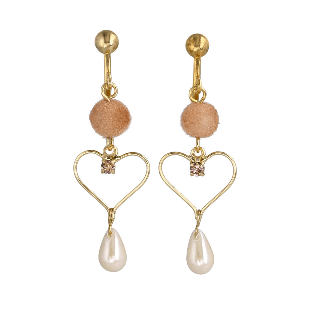 Pompom Heart Pearl Drop Clip Ons