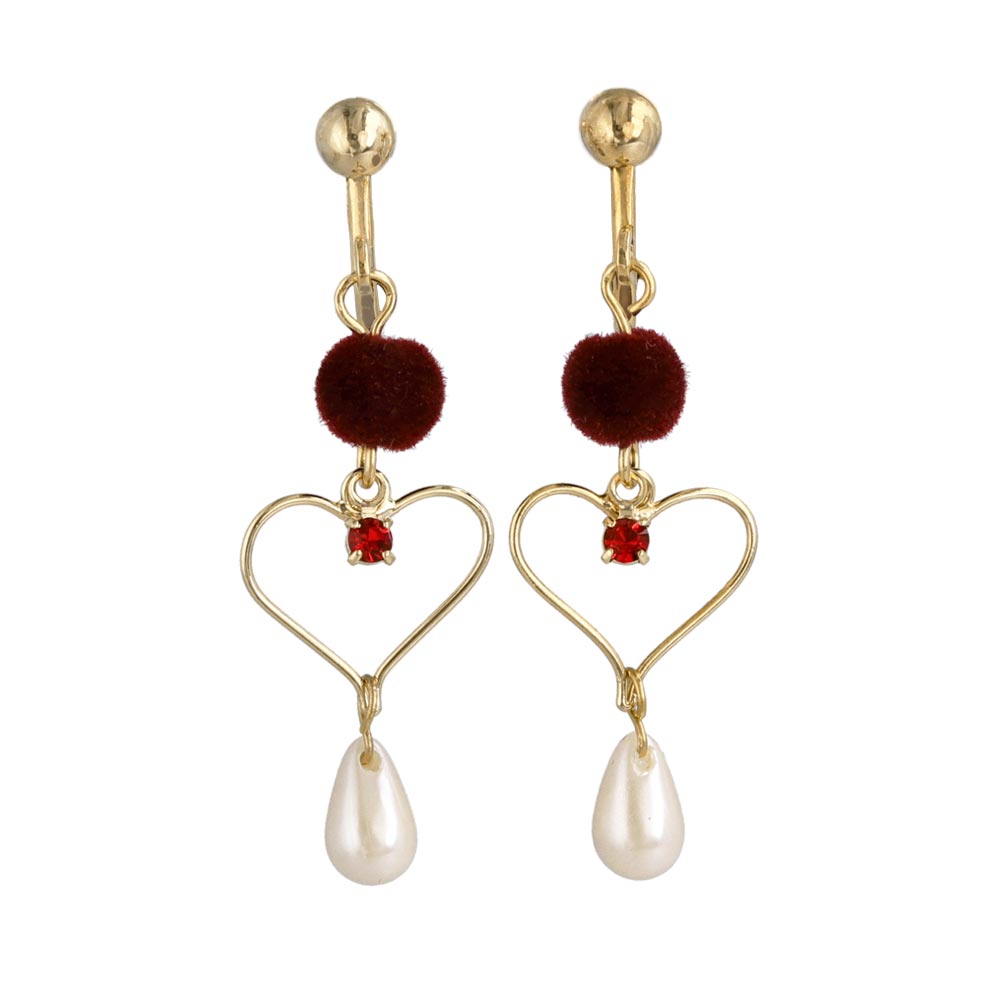 Pompom Heart Pearl Drop Clip Ons