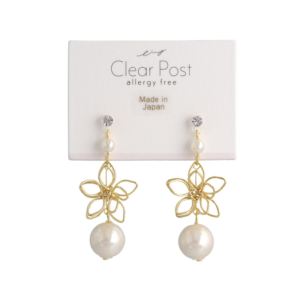 Flower and Pearl Drop Plastic Earrings