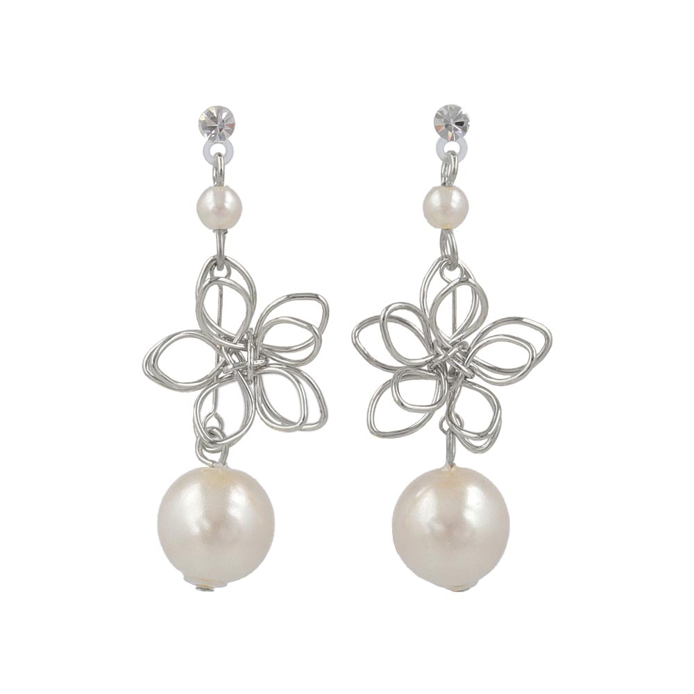 Flower and Pearl Drop Plastic Earrings