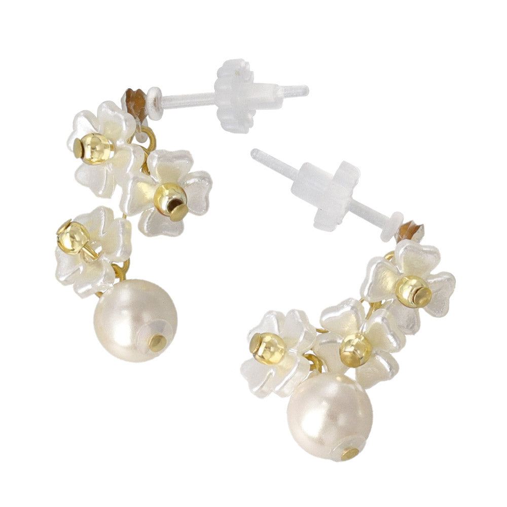 Flower and Pearl Drop Plastic Earrings