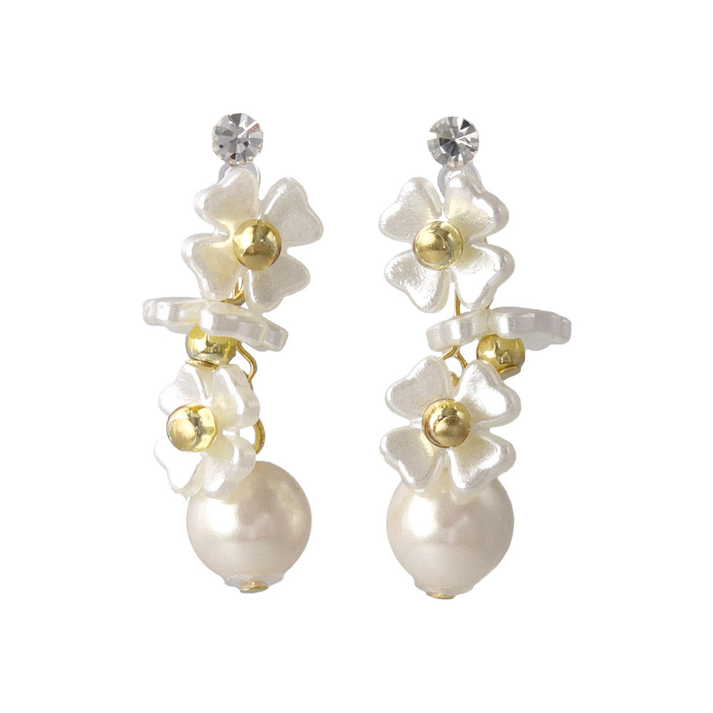 Flower and Pearl Drop Plastic Earrings