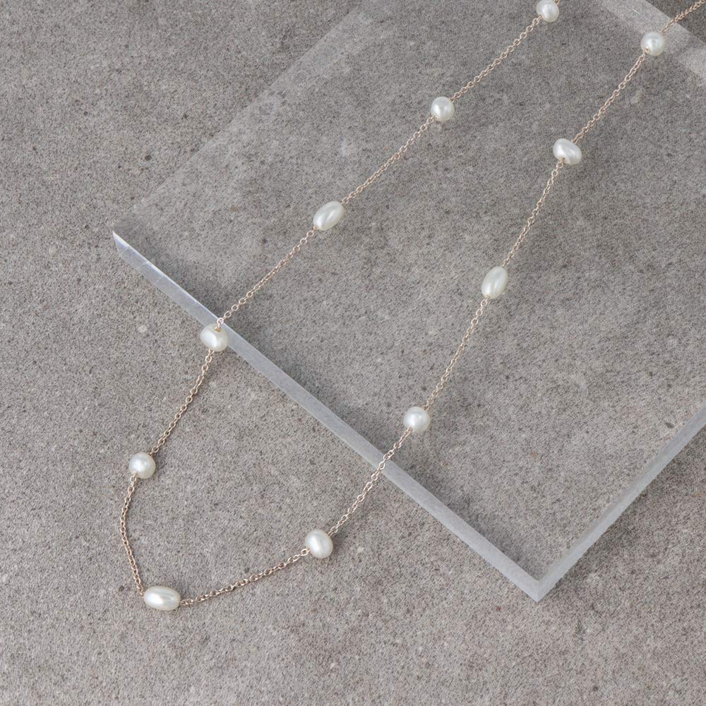 Rose Silver Pearl Station Necklace