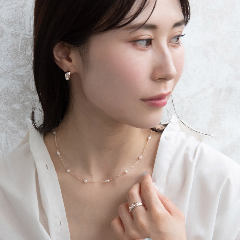 Rose Silver Pearl Station Necklace