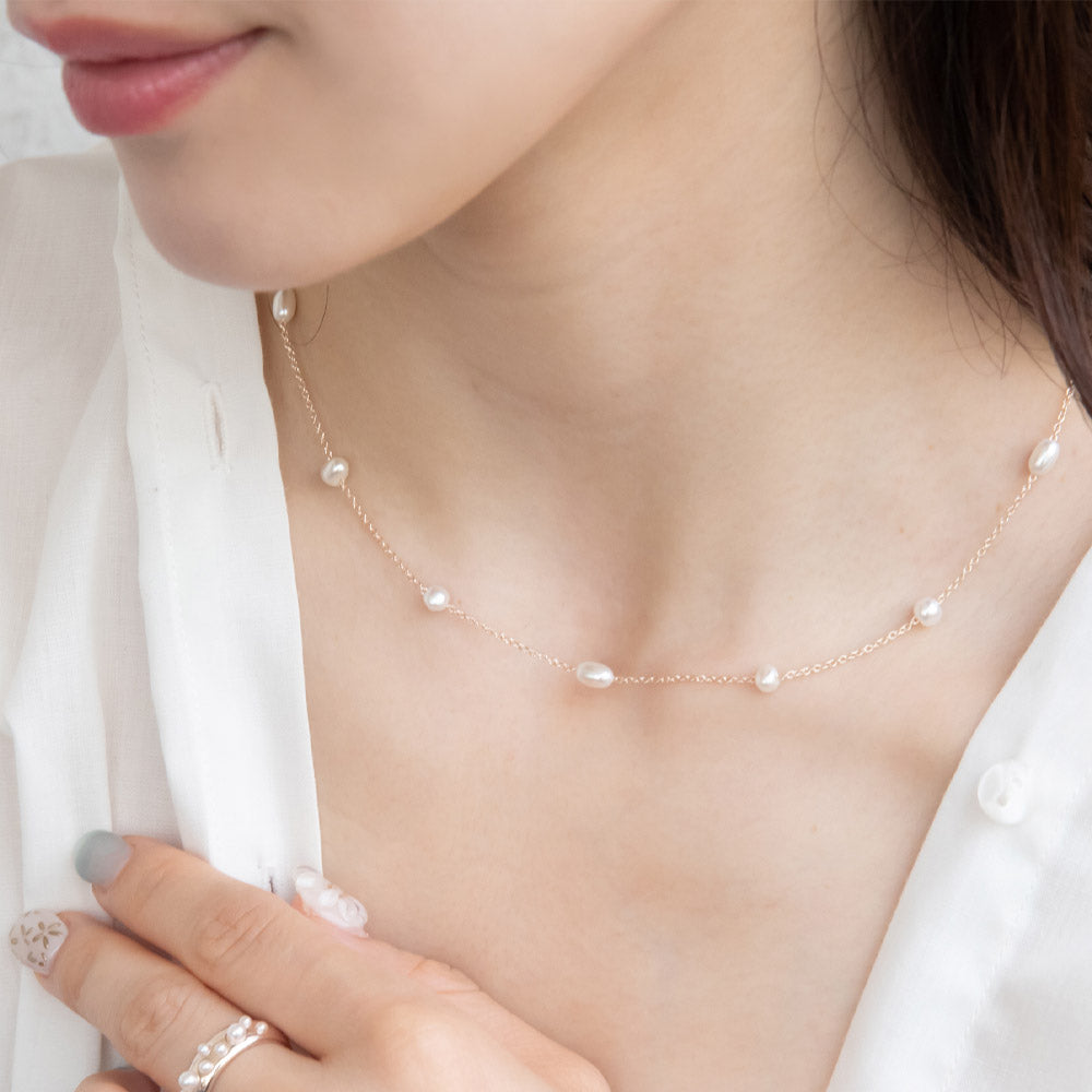 Rose Silver Pearl Station Necklace