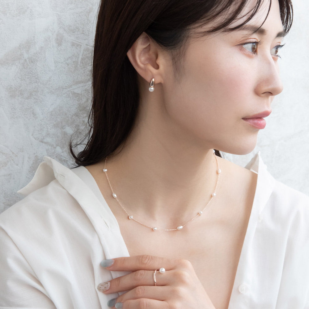 Rose Silver Pearl Station Necklace