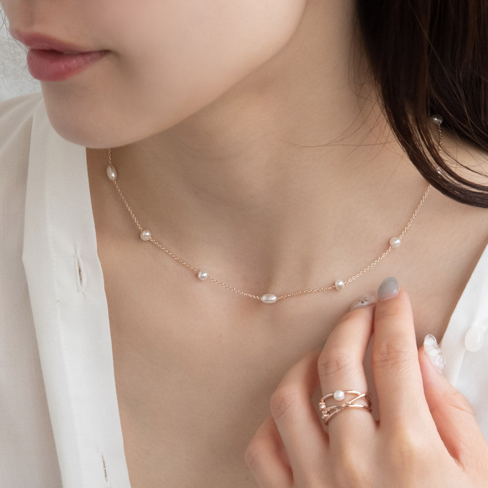 Rose Silver Pearl Station Necklace
