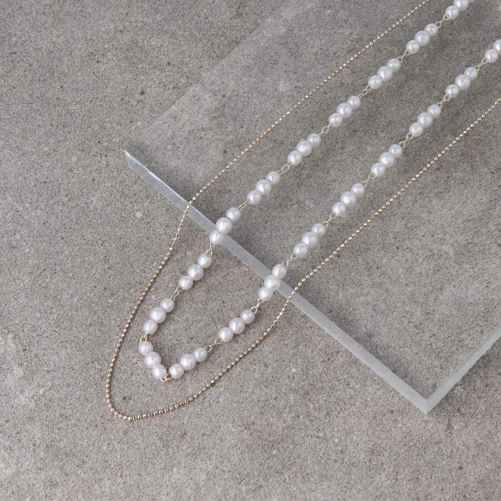 Rose Silver Pearl and Chain Layered Necklace