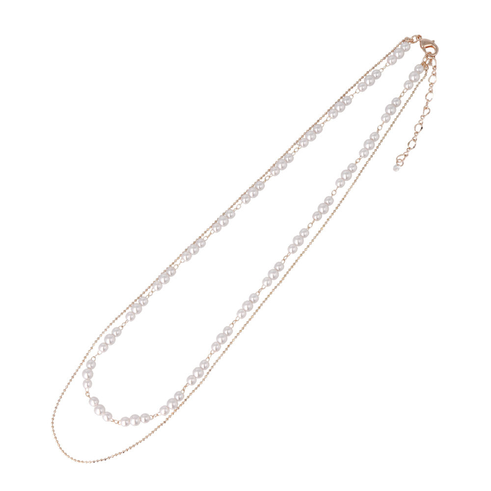 Rose Silver Pearl and Chain Layered Necklace
