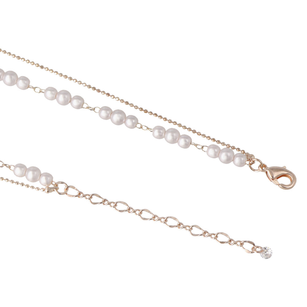 Rose Silver Pearl and Chain Layered Necklace
