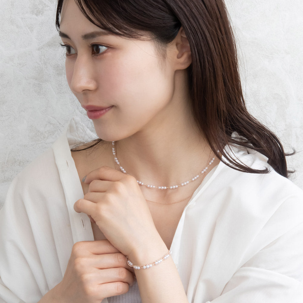 Rose Silver Pearl and Chain Layered Necklace