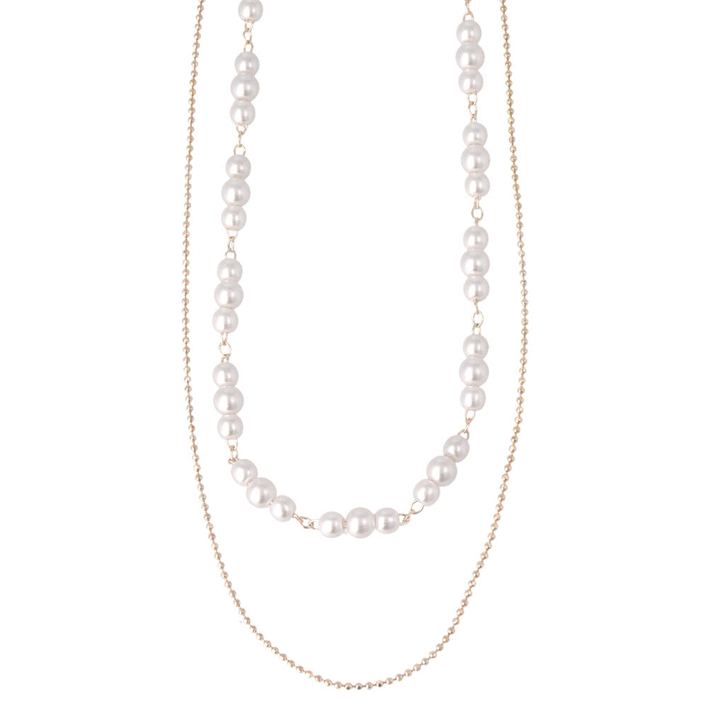 Rose Silver Pearl and Chain Layered Necklace