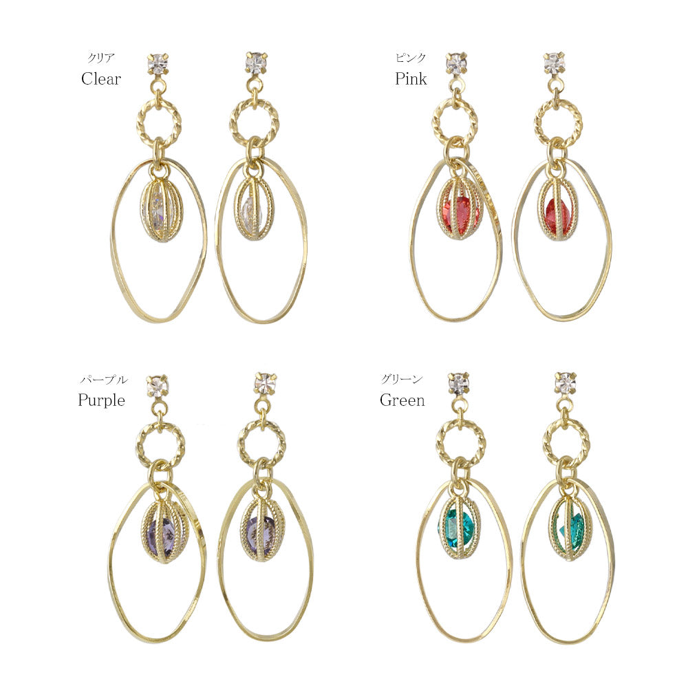 Oval Cage Stone Hoop Drop Earrings