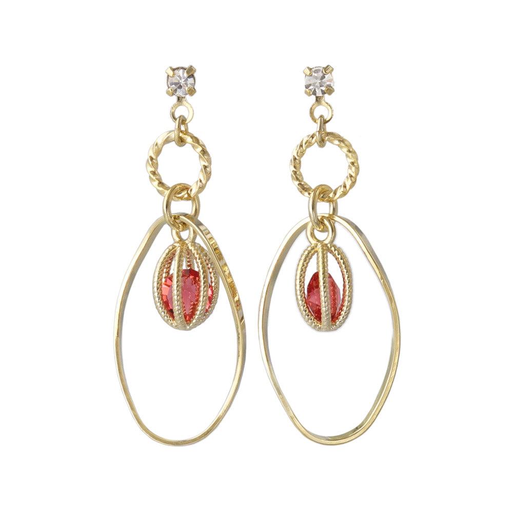 Oval Cage Stone Hoop Drop Earrings