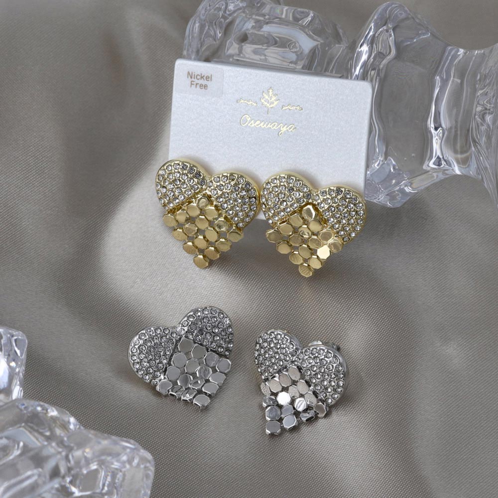 Pave and Mesh Textured Heart Earrings