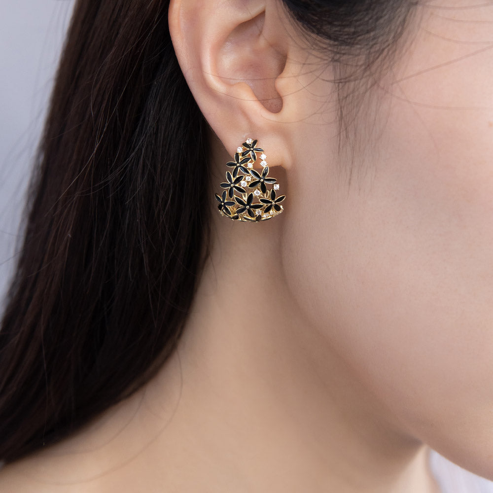Flower Encrusted Wide Hoop Earrings