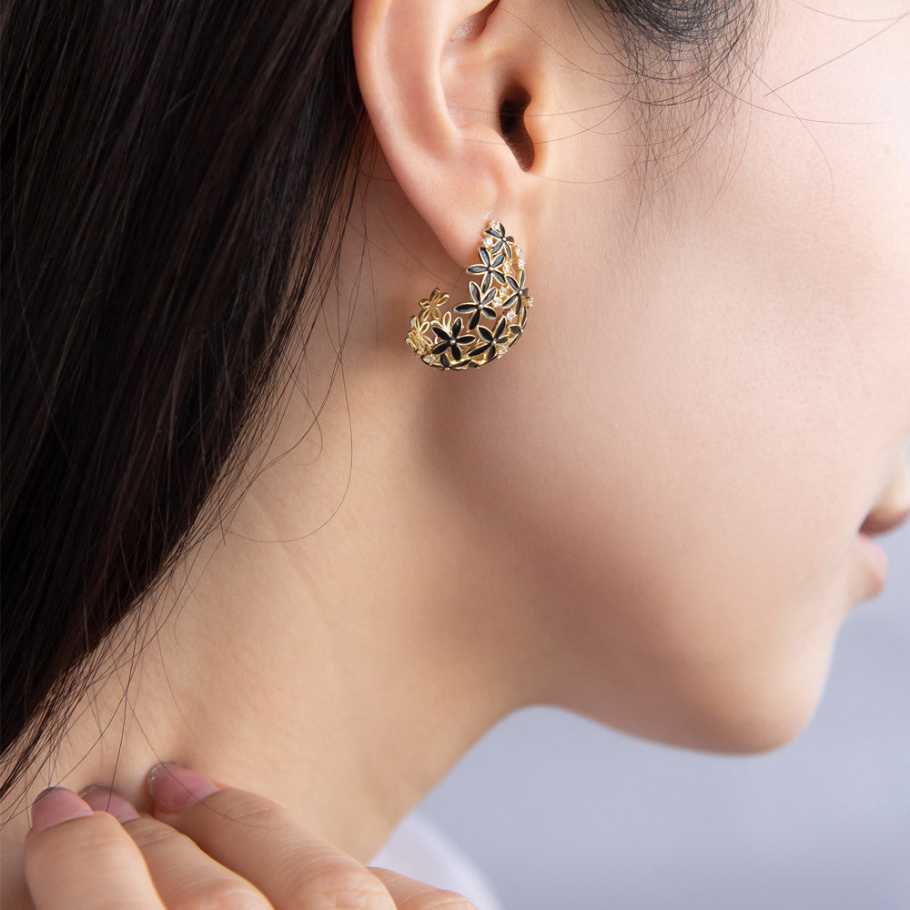 Flower Encrusted Wide Hoop Earrings