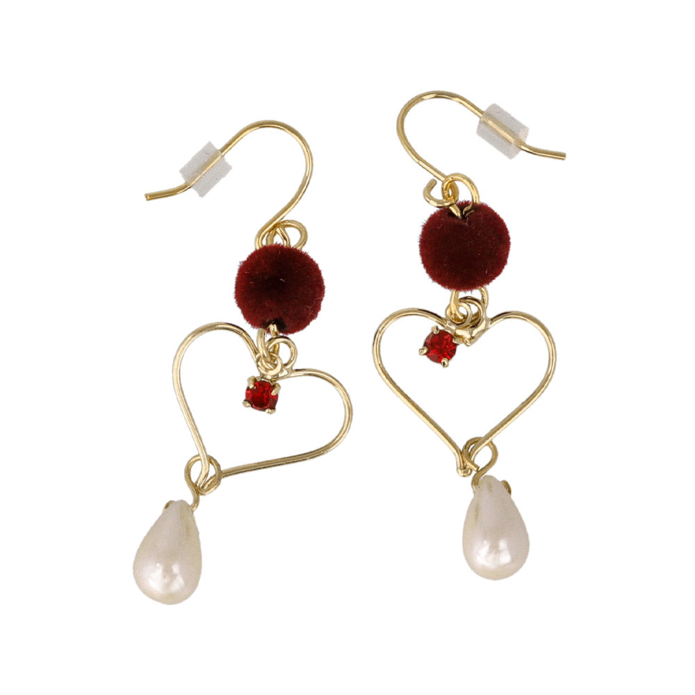 Pompom Heart Pearl Drop Earrings