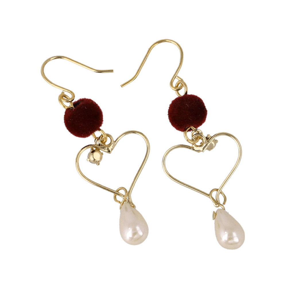 Pompom Heart Pearl Drop Earrings
