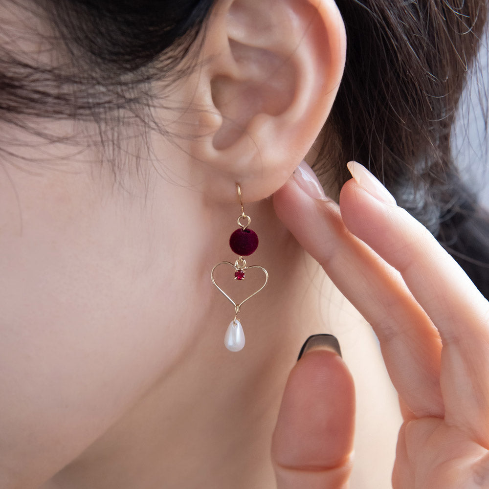 Pompom Heart Pearl Drop Earrings