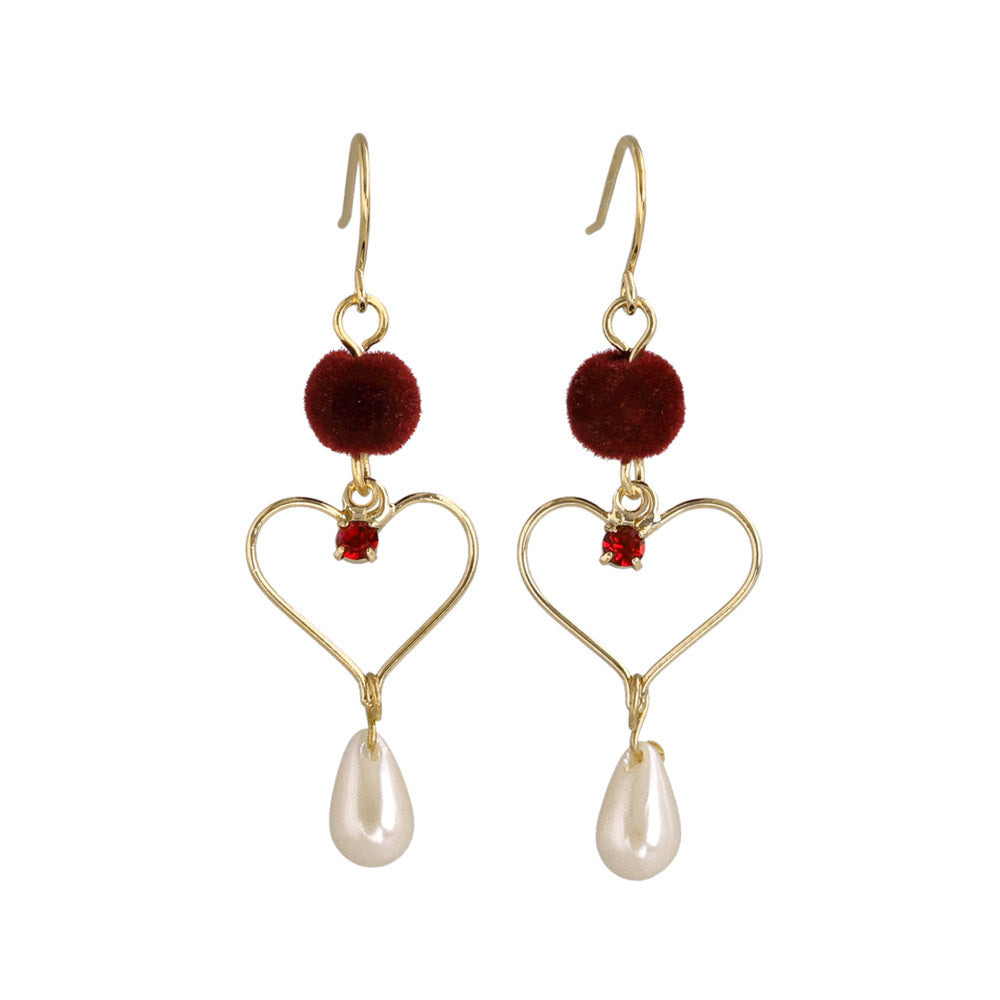 Pompom Heart Pearl Drop Earrings
