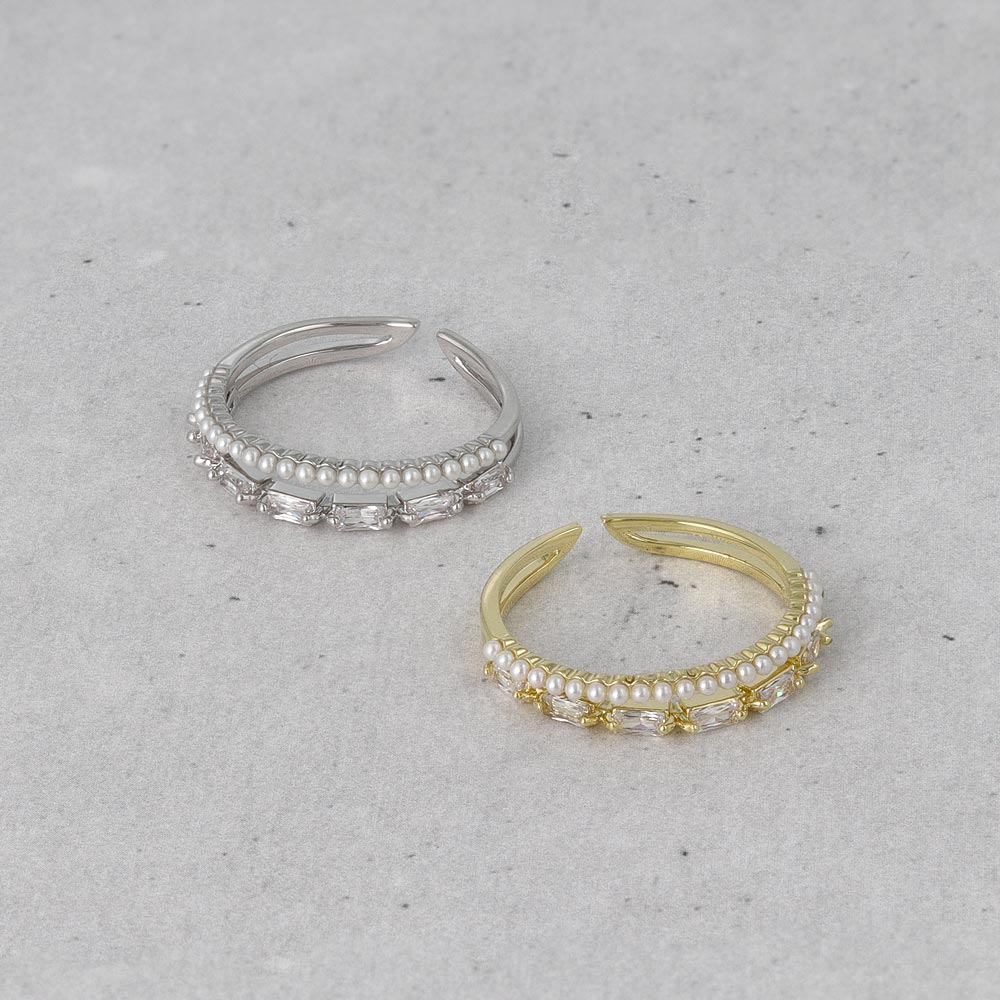 Pearl and Rectangle Stone Double Ring