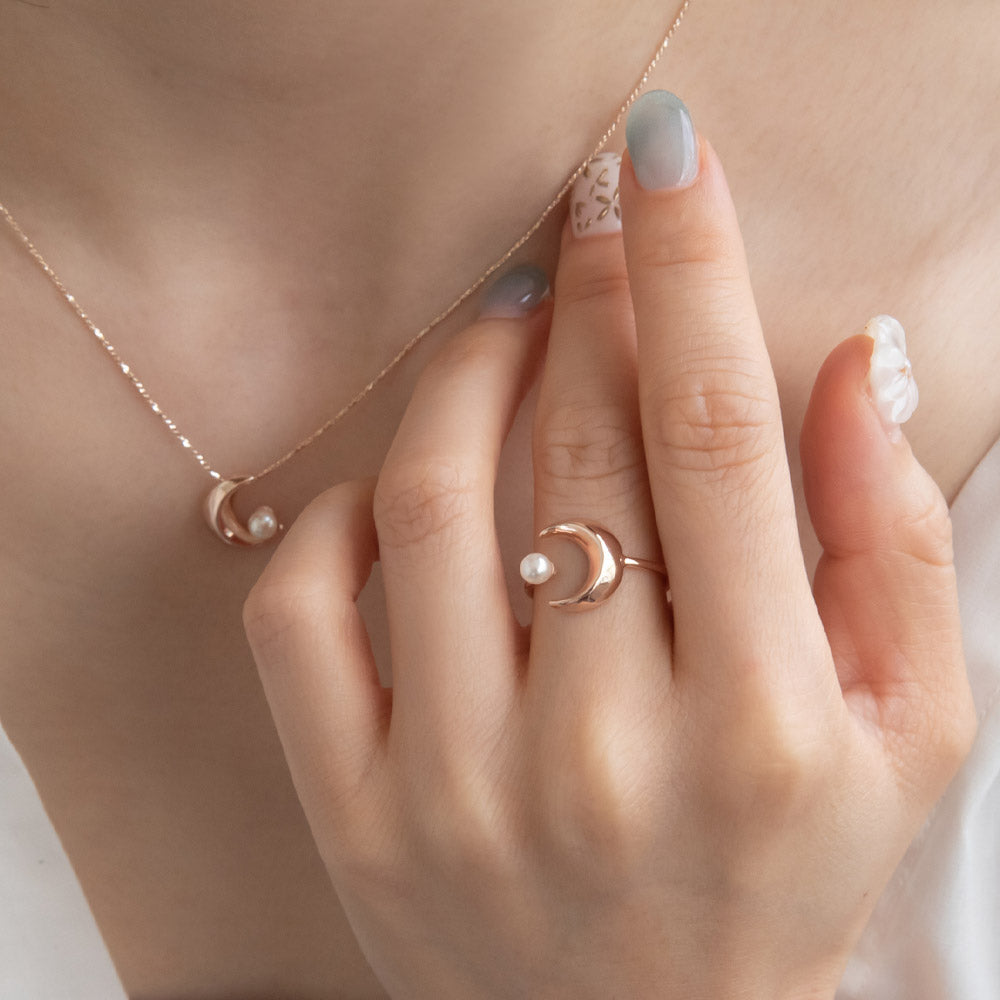 Rose Silver Pearlized Moon Cuff Ring