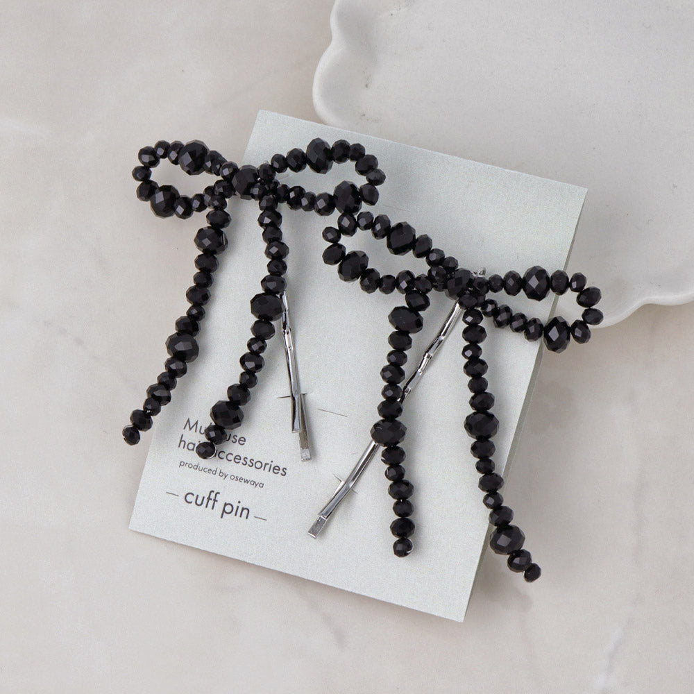 Black Beaded Bow Hairpin Set - osewaya