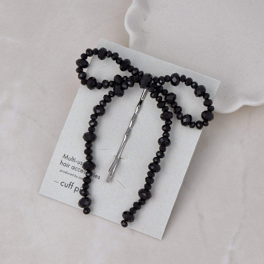 Black Beaded Bow Hairpin - osewaya