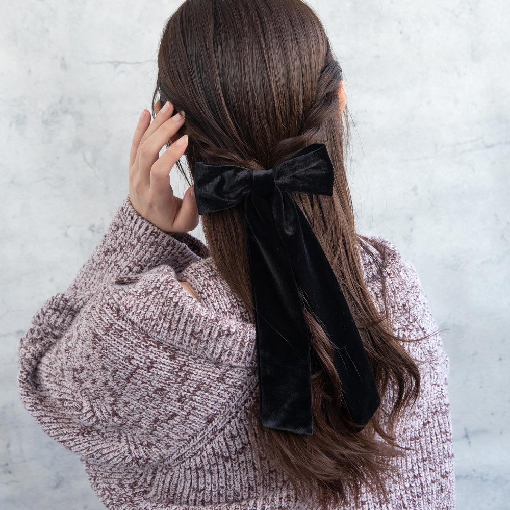 Black Velvet Long Tail Bow Barrette