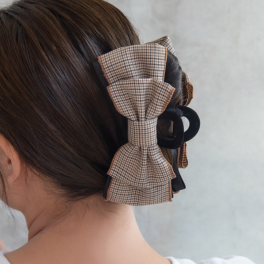 Plaid Layered Bow Hair Claw - osewaya
