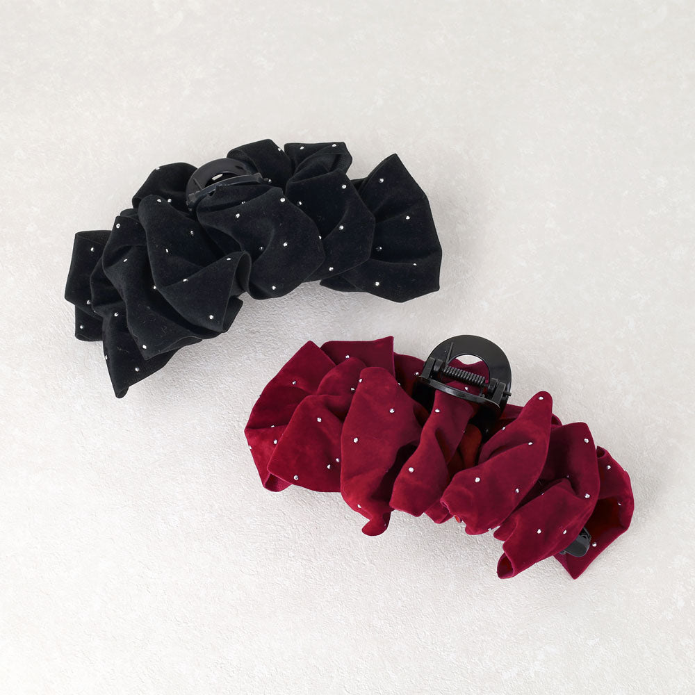 Ruffle Dotted Velvet Hair Claw - osewaya
