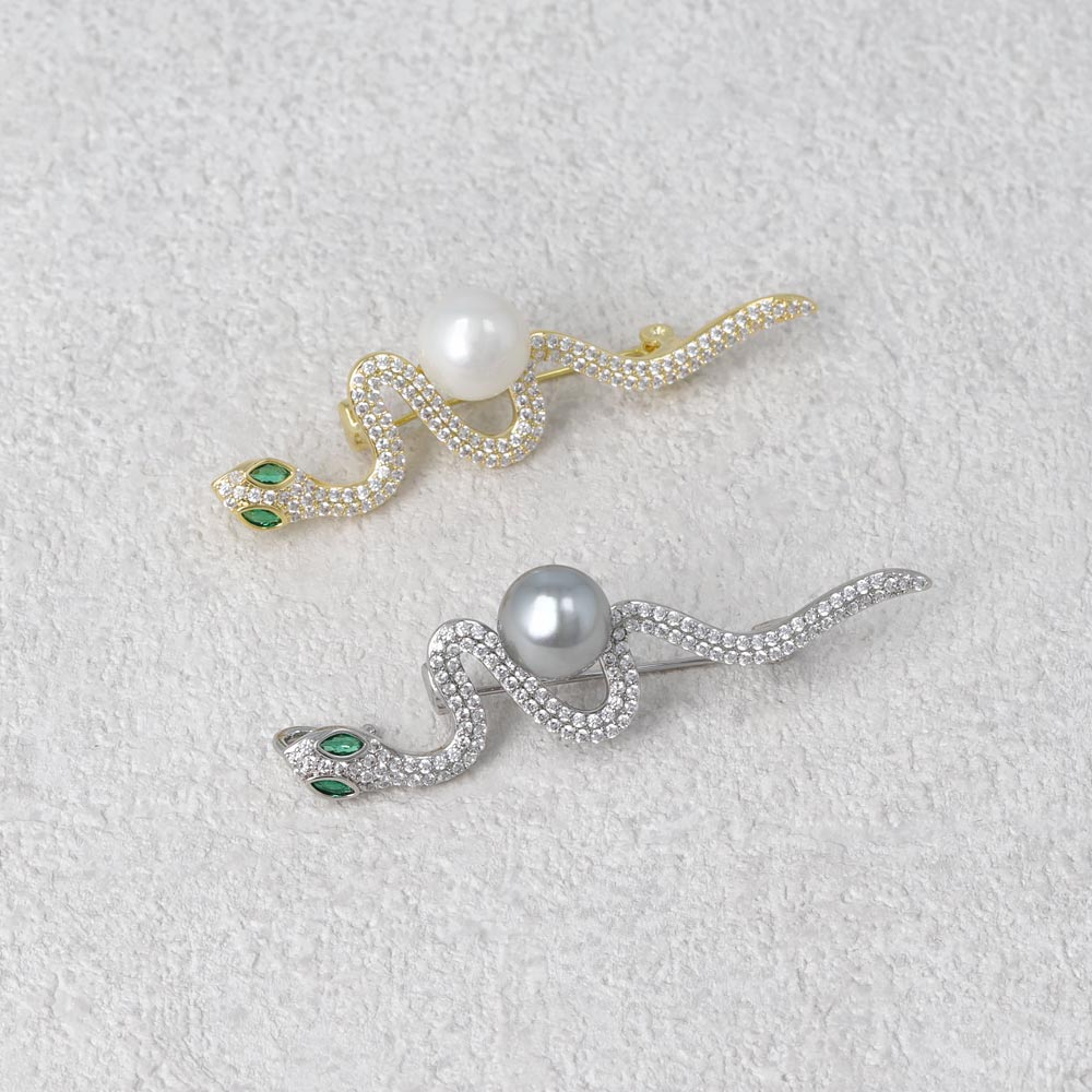 Rhinestone Pearl Snake Brooch