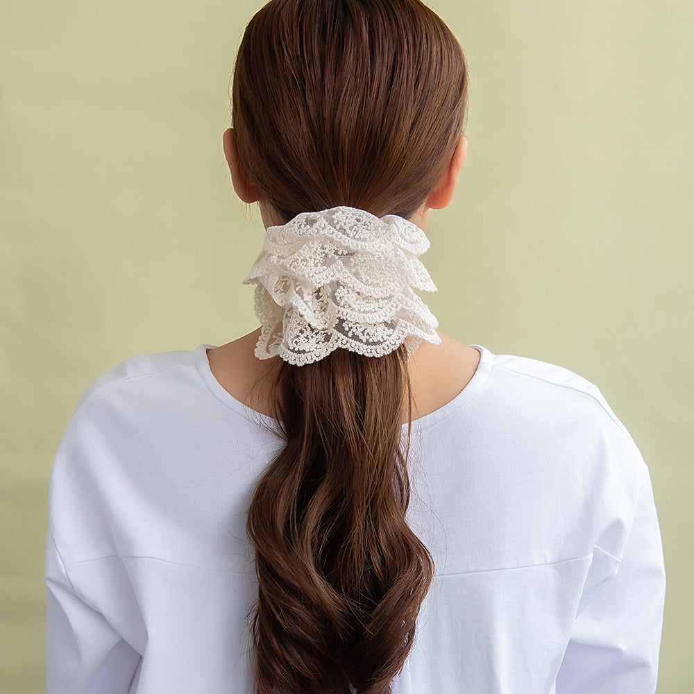 Embroidered Lace Scallop Scrunchie